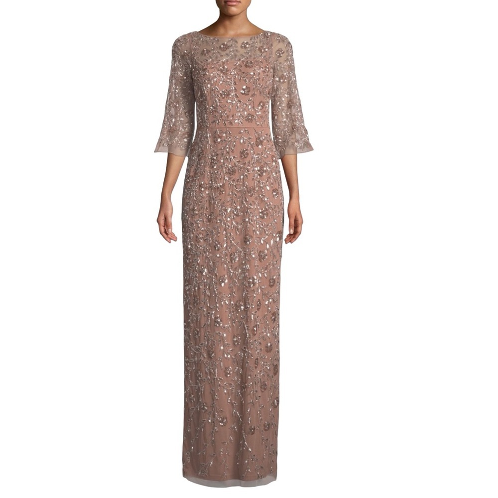 Aidan Mattox Women’s Rose Gold Beaded Gown Boat Neck V Back Size 12 NWT
